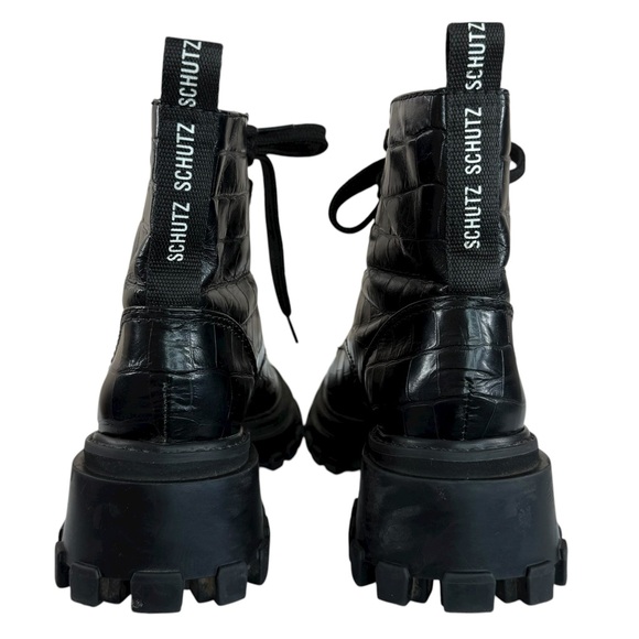 Schutz Black Croc-Embossed Leather Chunky Lug Sole Combat Platform Boots 7.5 - Picture 12 of 16